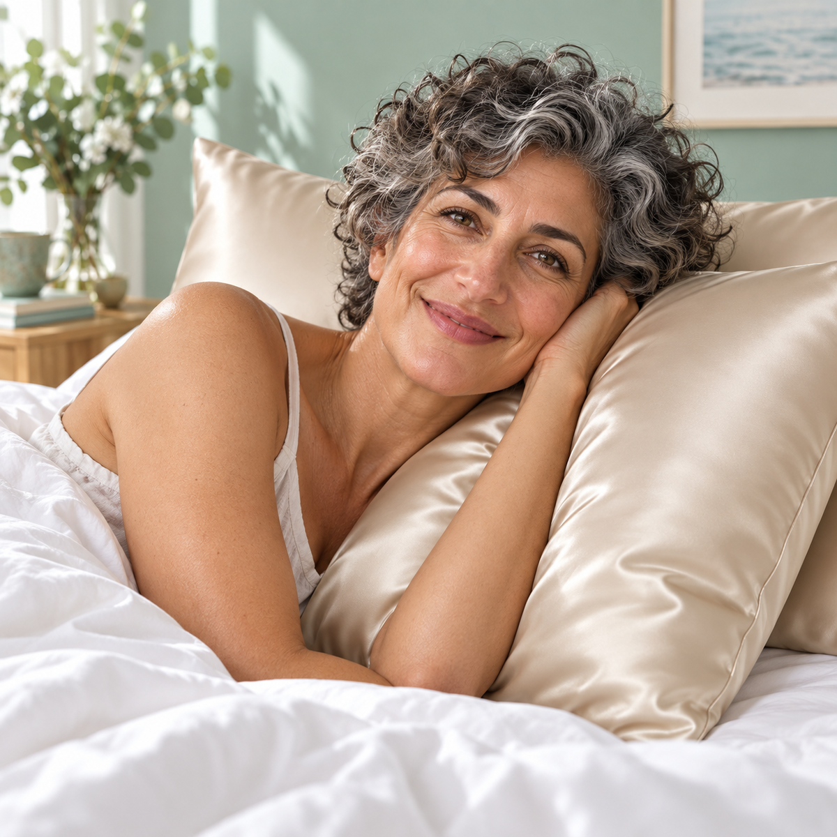 ELAUR pillowcases lifestyle collection with a natural smiling model