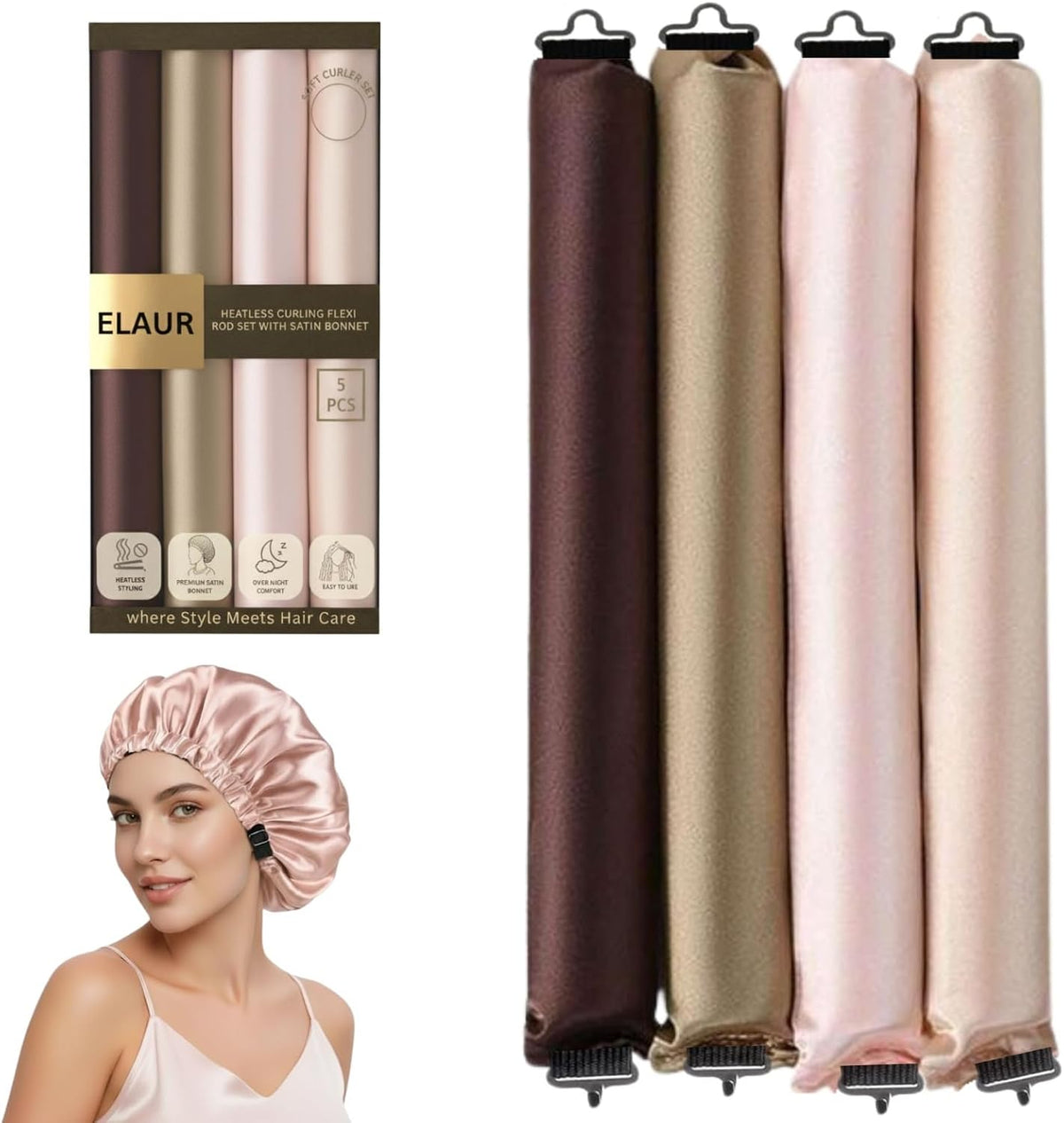 ELAUR Satin Heatless Curlers with Bonnet — 4 Pieces — product photo 1