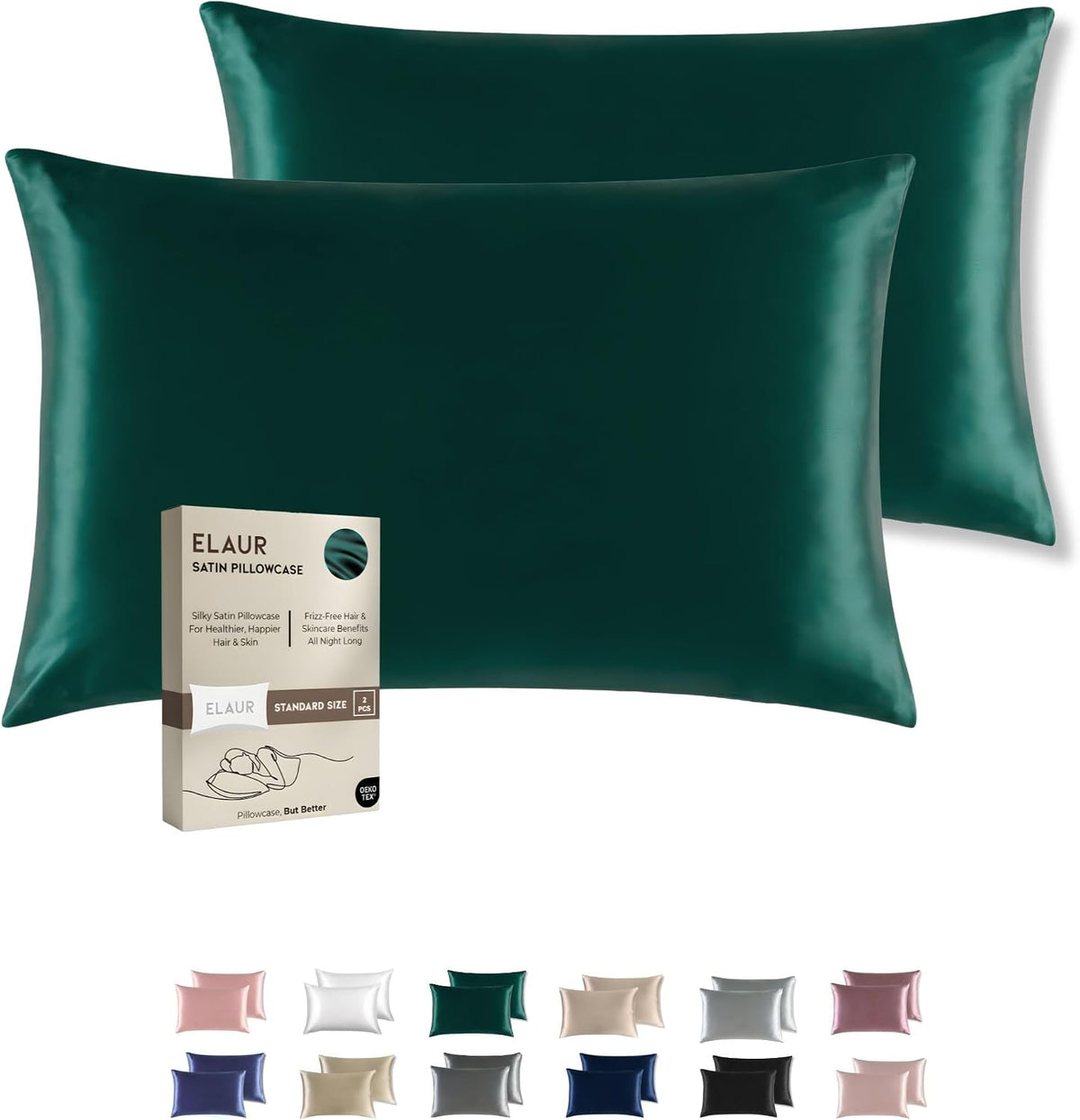 ELAUR Satin Pillowcases — Green, Pack of 2 — product photo 1