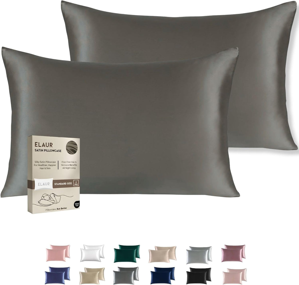 ELAUR Satin Pillowcases — Dark Grey, Pack of 2 — product photo 1