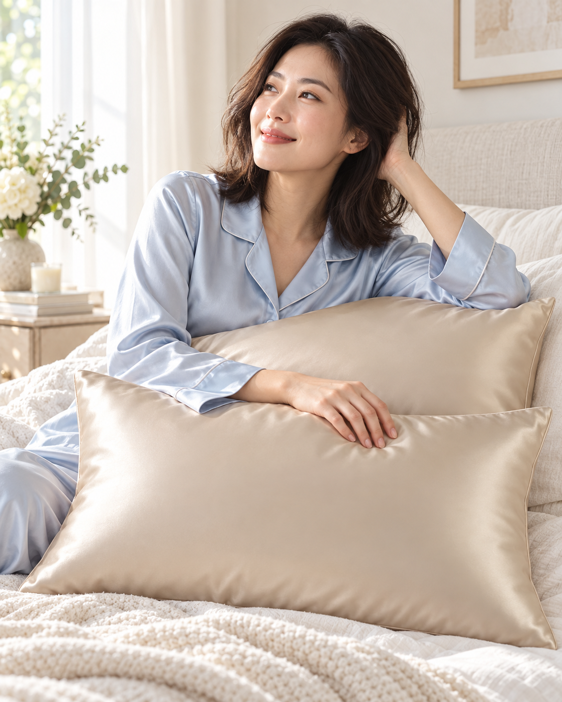 ELAUR satin pillowcase editorial with champagne beige pillowcases