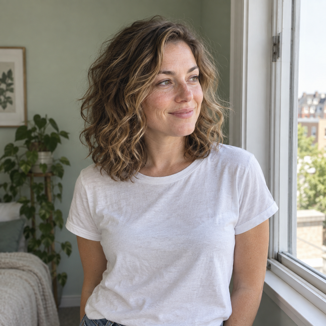 Woman with softly tousled finished curls in natural window light