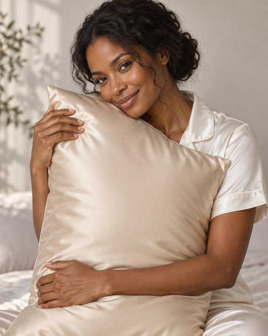 Woman holding a champagne beige satin pillow