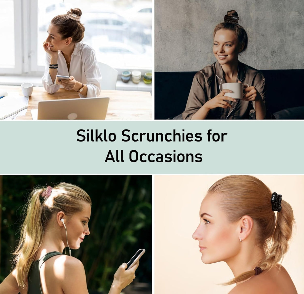 SILKLO 22 momme mulberry silk scrunchies — product photograph